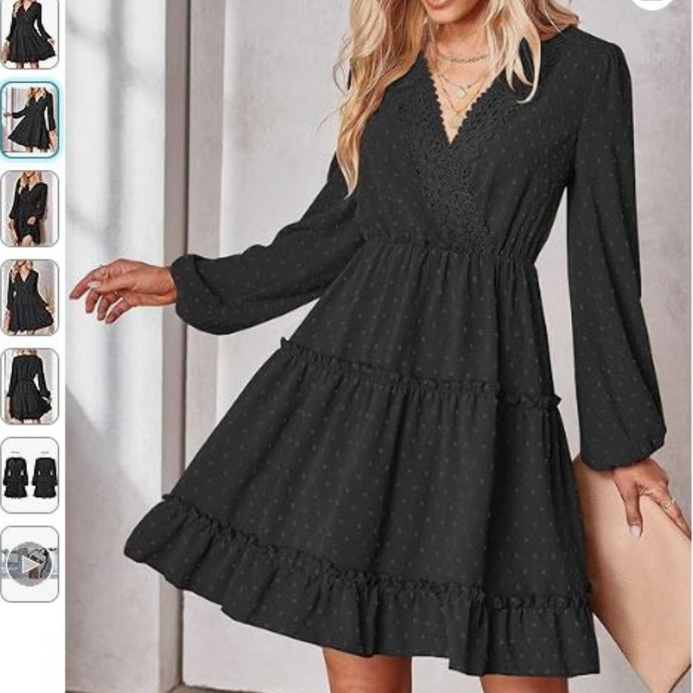 Women Summer/Fall Tunic Dress V Neck Casual Loose Flowy Swing A-Line Dress, L - Picture 3 of 4